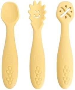 Dreambaby Scoop Mash and Twist Silicone Baby Spoon Set - 3 Stage Toddler Utensils for Baby Led Weaning - Soft Chew Training Spoons - Butter
