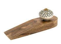 Retro Vintage Traditional Wooden Door Stop Stopper Wedge with Ceramic Knob (Design 1)