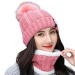 Tomorrow Winter Beanie Hat Scarf Set for Women 2-in-1 Warm Headwear Ear & Neck Cover Knit Hat Scarf Cold Weather Gear for Outdoor Activities (Pink)