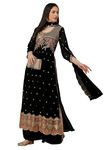 TRENDMALLS Women's Georgette Embroidery Side Slit Pleated Kurta Palazzo Suit Set (UKTM.G126-Black-XL)