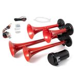 AOLIHAN Truck Horn 150DB Train Horn Kit 4 Trumpet Air Horn for Truck 12V Super Loud Train Horns with Compressor for Vehicle Car Pickup Jeep SUV Boat (Red with air pump Wire harness and buttons, 12v)