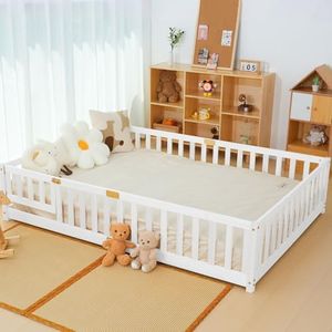 NAIZEA Full Floor Bed for Kids-Full Montessori Bed Frame with Wood Slats and Door and Slats, Wood Toddler Floor Beds for Girls and Boys, White