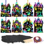 MONCAP 24pcs Halloween Scratch Art for Kids Haunted House Magic Scratch Paper Card Rainbow Scratch Arts with Wooden Stylus for Kids Children Students DIY Arts and Crafts Decor