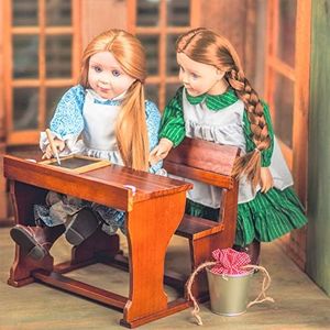 The Queen's Treasures 18 Inch Girl and Boy Doll Furniture, Officially Licensed Little House on The Prairie Wooden American School Desk with 2 Ink Bottles & Ink Pens and Fits Two Dolls