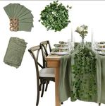 Cheesecloth Table Runner Set - Green Boho/Rustic Style - 118 x 35 inch Runner with 12 Napkins & Rope Rings and a Garland - Ideal for Weddings, Baby & Bridal Showers, and Table Decor - Heath & Stone