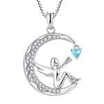 FJ Guardian Angel Pendant Necklace 925 Sterling Silver Moon Necklace March Birthstone Aquamarine Necklace Jewellery Gifts for Women Girls