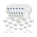 La Opala Opal Glass Crockery | for Family of 6 | Dinner Set 35 pcs Floral Fountain | Plates & Bowls for Dining | Microwave Safe | 100% Vegetarian | Extra Strong | Extra Light & White