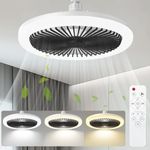 Socket Fan Light with Remote Control, Socket fan light with remote, Ceiling Fan Indoor Enclosed 10" with Light and Remote 3 Colors Dimmable LED Light for Bedroom, Kitchen, Storage Room, Closet - Black