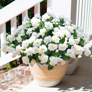 Artificial Fake White Flowers Plants for Outdoor Outside Winter Christmas Decoration, Faux Silk Camellia UV Resistant Realistic for Front Door Porch Planter Pot Patio Balcony, 3 Bundles