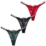 SEAUR Women's Sexy Thongs Rhinestones Knickers Low Rise Lace G-String Mesh Floral Underwear 3 Pack