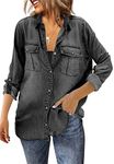 Runcati Womens Button Down Denim Shirt Long Sleeve Roll Up Casual Oversized Jean Shirt Jacket Distressed Tunic Tops, Black, Large