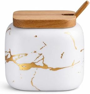 JFFLYIT Marble Ceramics Sugar Bowl Ceramic Seasoning Box Ceramic Spice Jars Porcelain Condiment Pots with Lid and Spoon (White)