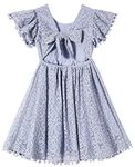 Niyage Toddler Dress Little Girls Tie-Back Lace Bow Backless Pom Pom Flutter Sleeves Party Princess Dresses Dusty Blue 90