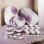 Thermador Melamine 40 Pcs Dinner Set | Crockery Set |6 Dinner Plates, 6 Small Plates, 1 Serving Tray, 3 Big Serving Bowls with Lid, 12 Small Bowls, 6 Spoons, 3 Serving Spoons (White Purple)