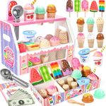 Loscola Ice Cream Toy, Wooden Ice Cream Toys for Kids Toddlers, Pretend Play Kitchen Food Toys, Ice Cream Counter Shop Playset for Kids, Kids Ice Cream Cart, Toys for 3 4 5 6 7 8 Year Old Girls Boys