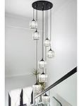 Meimond Long Chandeliers for High Ceilings,Modern Crystal Pendant Light,Raindrop Drop Lamp,Hanging Flush Mount Lighting Fixtures for Spiral Staircase,Foyer,Entryway,Living Room,Black (8 Lights)