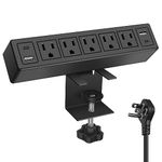 Desk Clamp Power Strip with PD20W USB-C,USB Total 40W Fast Charging Desk Edge Power Strip Surge Protector 1200J,Desk Mount Power Strip,5 Outlets,2 USB-C,2 USB-A,6FT 45° Ultra Flat Plug