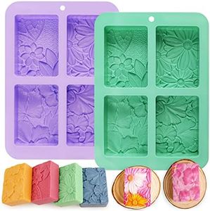 Moukiween Flower Soap Molds Silicone-2PCS 4 Cavities Rectangle Soap Mold 3oz,Flower Shapes Silicone Molds for Soap Bath Bombs Shower Steamer Lotion Bars