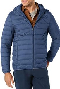 Amazon Essentials Men's Lightweight Water-Resistant Packable Hooded Puffer Jacket, Navy, Large