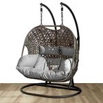 Hindoro Rattan Wicker Wrought and Cast Iron Outdoor Patio Furniture Double Seater Swing for Adults & Kids with Stand and Cushion, 2 Person, Dark Brown Swing with Grey Cushion