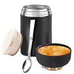 GOEDEKE Food Flask,600ml (20 oz) Food Flask Container,Stainless Steel Double Walled Soup Flask Leak Proof Food Jar Soup Containers with Foldable Spoon for Hot and Cold Meals Double Soup Flask (Black)