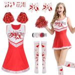 Women Cheerleader Clothes Sets Zombie Cheerleader Costume Adult with Fake Blood Halloween Fancy Dress Outfit for Halloween Parties (Red, M)