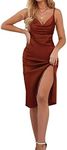 LYANER Women's Satin Drape Cowl Neck Sleeveless Strappy Cami Split Slit Party Midi Dress, Rust Brown, Small