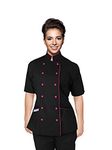 Short Sleeves Tailored Fit Chef Coat Jacket Uniform for Women for Food Service, Caterers, Bakers and Culinary Professional, Black/Pink Trim, Small