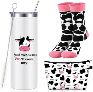 Newtay 3 Pcs Cow Gifts for Women Including Cute Cow Stainless Steel Wine Tumbler with Straw Pink Cow Socks and Cosmetic Bag (Milk Cow, 20 oz)