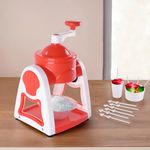 Kuber Industries Portable Ice Crusher Machine for Home with 3 Bowl, 6 Sticks, 1 Glass & Dish | Easy-to-Use Chuski & Slushy Maker | Counter-Top Ice Gola Machine for Summer Delights | White & Red