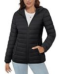 MAGCOMSEN Black Puffer Quilted Jacket for Women Hooded Ultra-light 4 Pockets Water-resistant Long Sleeve Full-zip Padded Coat, Black M