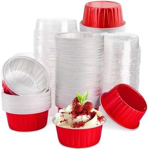 DEAYOU 100 Pack Aluminum Foil Cupcake Liners with Lids, 5oz Round Ramekin Baking Cups, Disposable Tart Pie Tin Pan Holder, Mini Cake Containers for Pudding, Party, Wedding, Oven Freezer Safe, Red