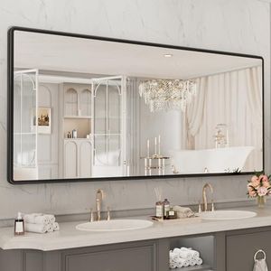 pertetey New Upgrade Bathroom Mirror, 77X36 Inch Black Metal Frame Wall Mounted Rounded Rectangle Bathroom Vanity Mirror with Tempered Glass for Washroom Bedroom Living Room