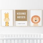 Pompom Prints® Safari Boho Set of 3 Kids Bedroom Prints, Scandi playroom Prints, Giraffe and Lion, Hakuna Matata Childrens Room Prints (A4)