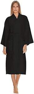 Waffle Robe for Women by BOCA TERRY, Waffle Knit Robe, Long Cotton Kimono Hotel Bathrobe, Black Medium/Large