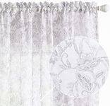 JINCHAN Sheer Curtains Farmhouse Window Curtains for Living Room Floral Grey Curtains 63 Inches Long Country Curtains Laundry Room Bedroom Voile Rod Pocket Curtain Sheers 2 Panels Gray on White