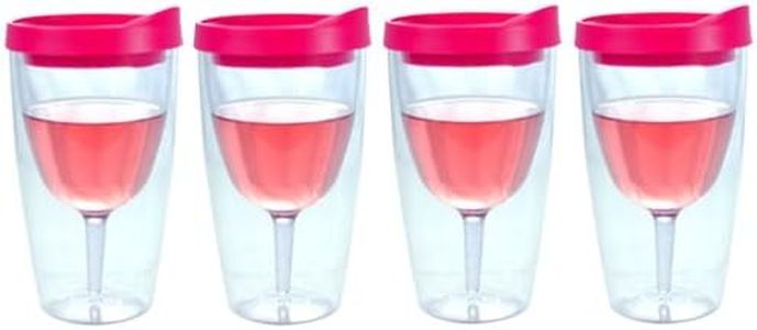 Southern Homewares Wine Tumbler - 16oz Insulated Vino Double Wall Acrylic With Pink Drink Through Lid 2Go! 4 Pack Pair