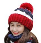 Alexvyan Twist Color Winter Very Soft Warm 1 Set Snow Proof Knitted Ball Cap (Inside Fur) Woolen Beanie Cap + Neck Muffler Scarf Set for Ladies Women Girl (Red)