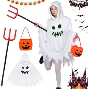 Costume da Fantasma Costume di Halloween, Costume da Fantasma Glow-in-the-Dark Mantello di Halloween Mascherata con Cappuccio Borsa di Zucca Festa di Caramelle (Adulta, Adulta)