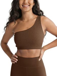 ODODOS Seamless One Shoulder Sports Bra for Women Ribbed Asymmetrical Non Padded Yoga Crop Tank Tops, Lycra Dark Brown, Small