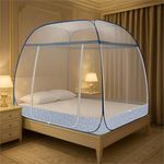 Classic Mosquito Net for Double Bed Supreme King Size Bed,Foldable Machardani with 3 Side Zipper Opening Doors & Mobile Pocket,Strong 30GSM Polyester Net, PVC Coated Steel Wire -Blue