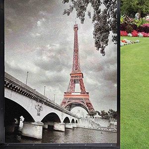 Paris Window Film Privacy Window,Eiffel Tower Bridge Capital City Cloudscape Monochrome Style Picture Print Glass Decorative for Bathroom Kids Room Sliding Door,Dimgray Salmon 24x36 inch