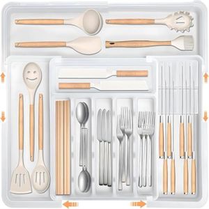 Larger Cutlery Drawer Organiser, Expandable Utensil Drawer Organiser with 9 Compartments, 3-sided Cutlery Organiser, Adjustable Cutlery and Flatware Tray, Non-Slip, Large for Spoons, Forks and Knives