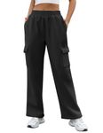 Oleda Womens Cargo Swearpants Fleece Lined Joggers Sweat Pants Straight Wide Leg Jogging Track Pants with Pockets Trousers (CA/US, Alpha, X-Large, Regular, Regular, Black)