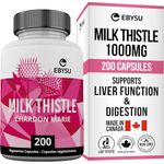 EBYSU Milk Thistle Capsules 1000mg (Made in Canada) – 200 Capsules – Liver Support – 4:1 Milk Thistle Supplement with Silymarin – Derived from 1000mg Seed – Helps Relieve Digestive Issues
