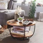 INMARWAR Wooden Round Coffee Table for Living Room | Solid Wood Acacia & Carbon Steel, Natural & Black