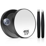 MIYADIVA 40X Magnifying Mirror, Small Magnifying Mirror with Suction Cup and Tweezers, As a Travel Essentials, Compact Mirror Set for Plucking Eyebrows 3.5 Inches