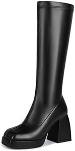 Women's Platform Boots Go Go Boots Knee High Boots Stretchy Square Toe Chunky Block Heeled Boots, A-black, 6 US