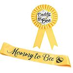 2 Packs Yellow Mommy to Bee Sash and Daddy to Bee Pin Tinplate Badge, Baby Shower Party Decoration with Cute Bee Pattern, Baby Welcome Party Gifts
