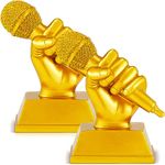 Hicarer 2 Pcs Golden Microphone Trophy Resin Microphone Music Trophies Singing Trophy Awards for Karaoke Competitions Birthday Party Dance Appreciation Gift Decoration Accessories